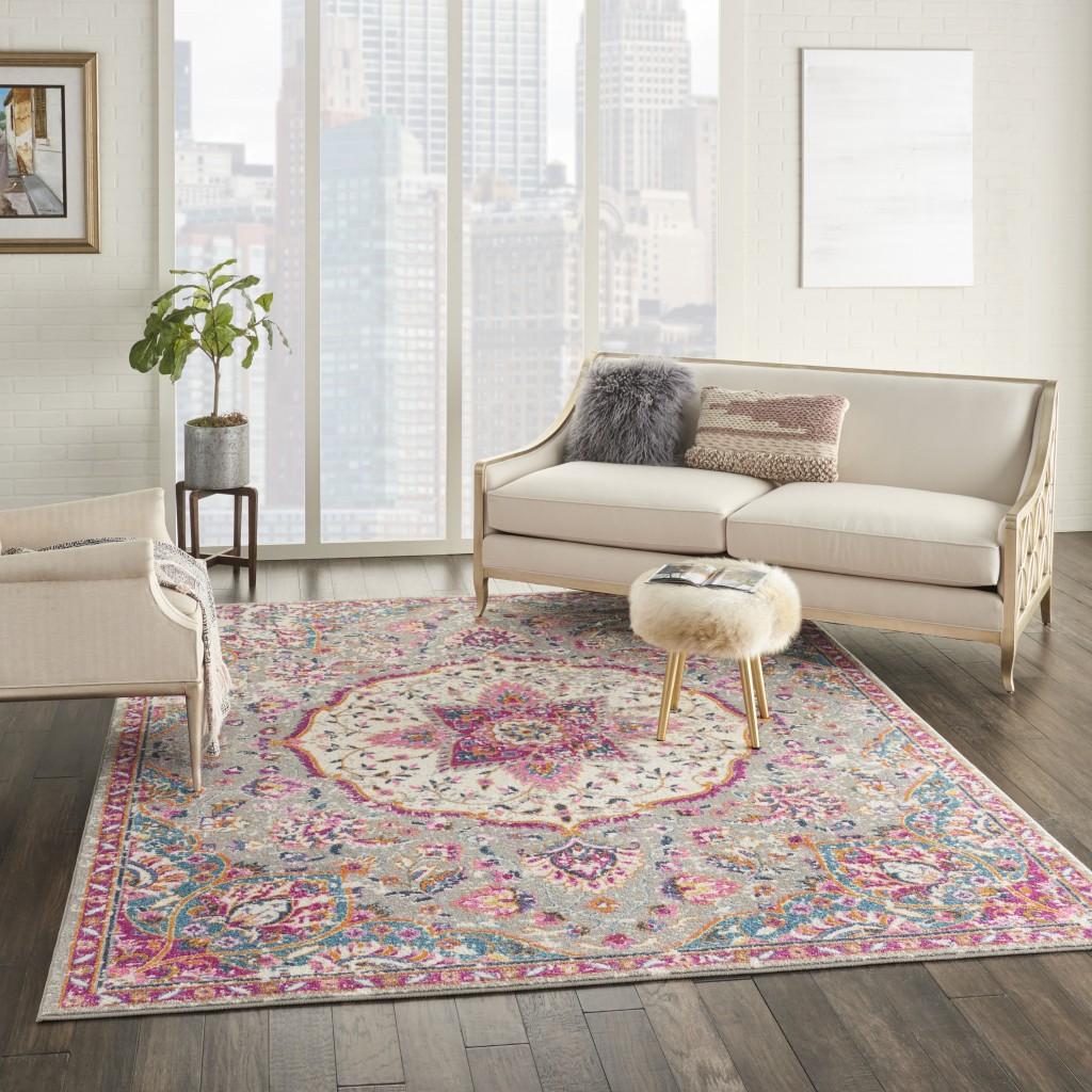 7’ x 10’ Gray and Pink Medallion Area Rug