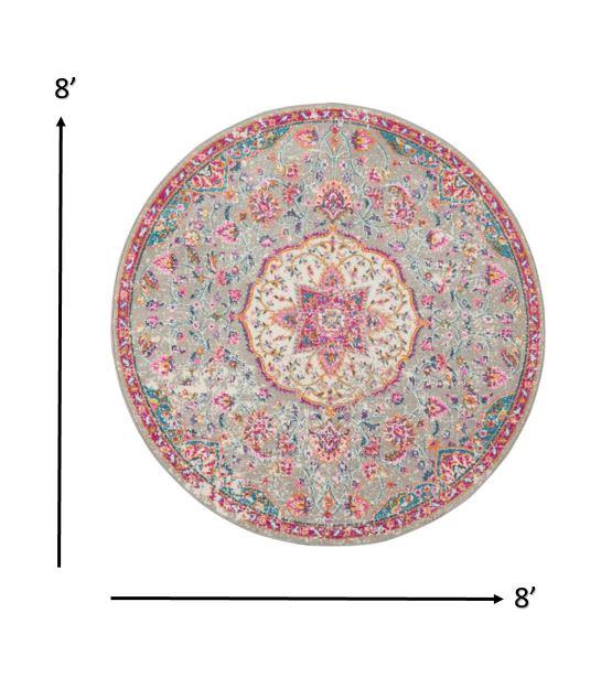 8’ Round Gray and Pink Medallion Area Rug Default Title