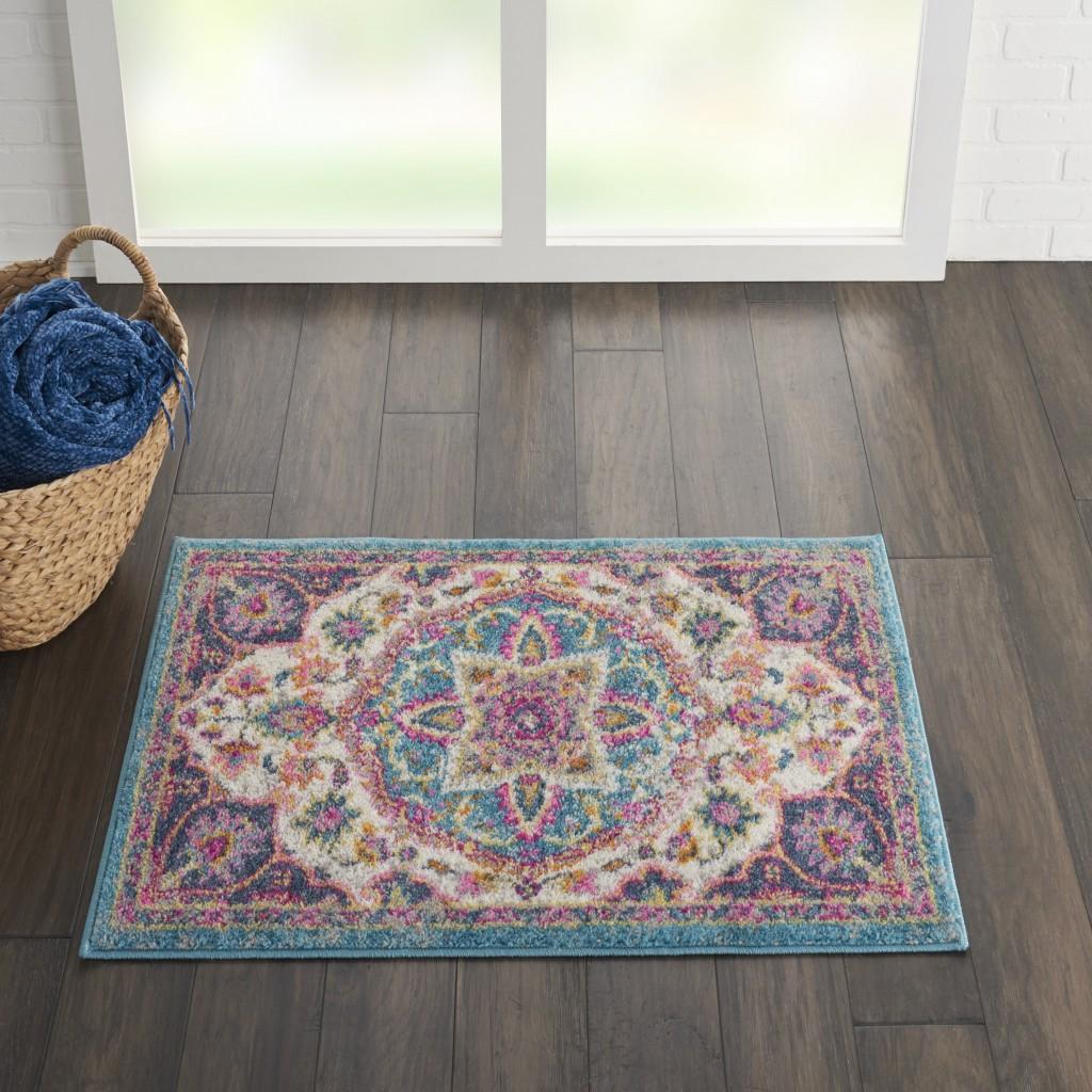 2’ x 3’ Pink and Blue Floral Medallion Scatter Rug