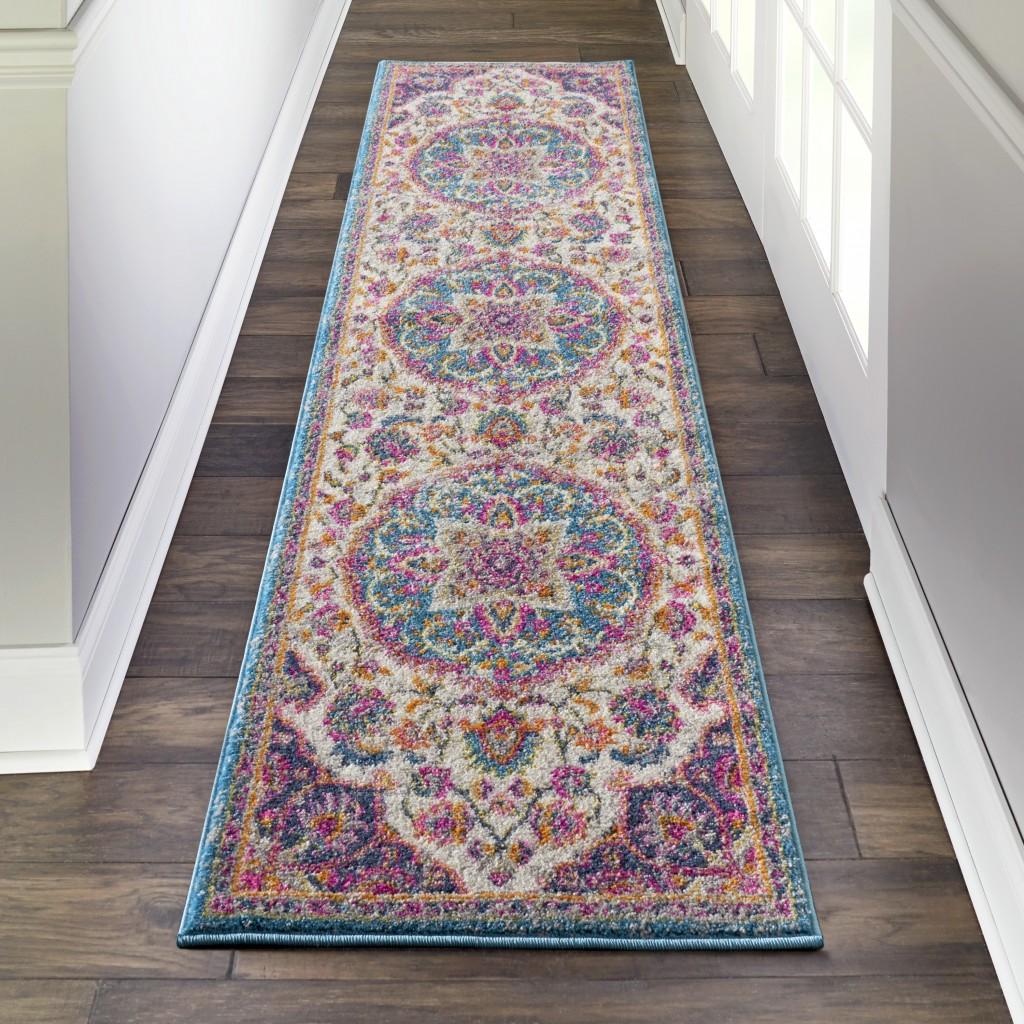 2’ x 6’ Pink and Blue Floral Medallion Runner Rug