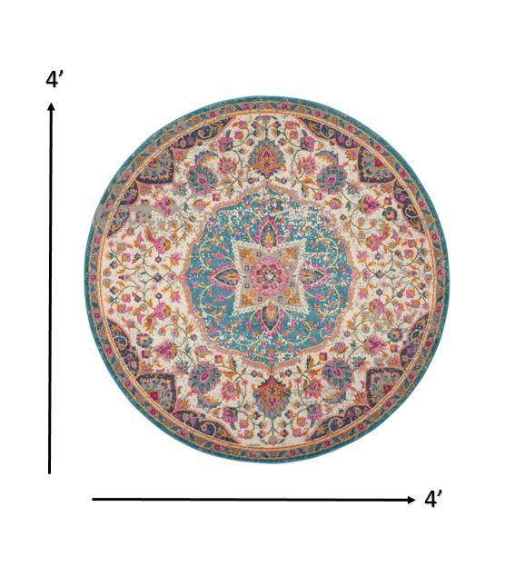 4’ Round Pink and Blue Floral Medallion Area Rug