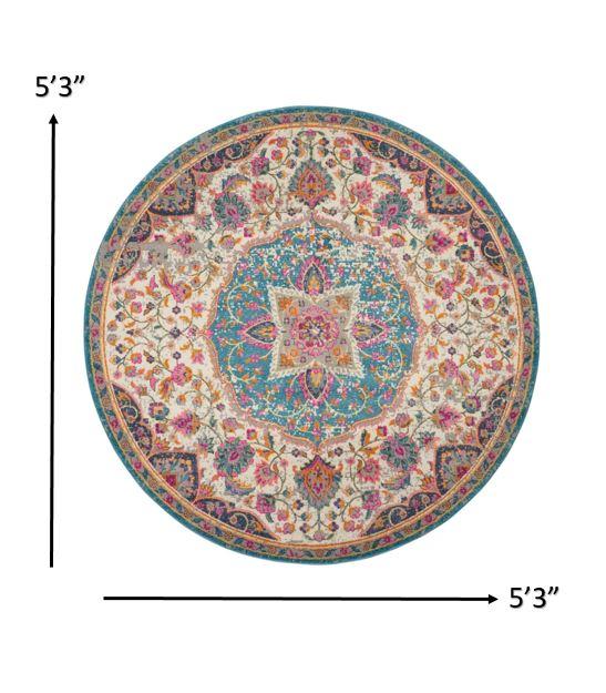 5’ Round Pink and Blue Floral Medallion Area Rug