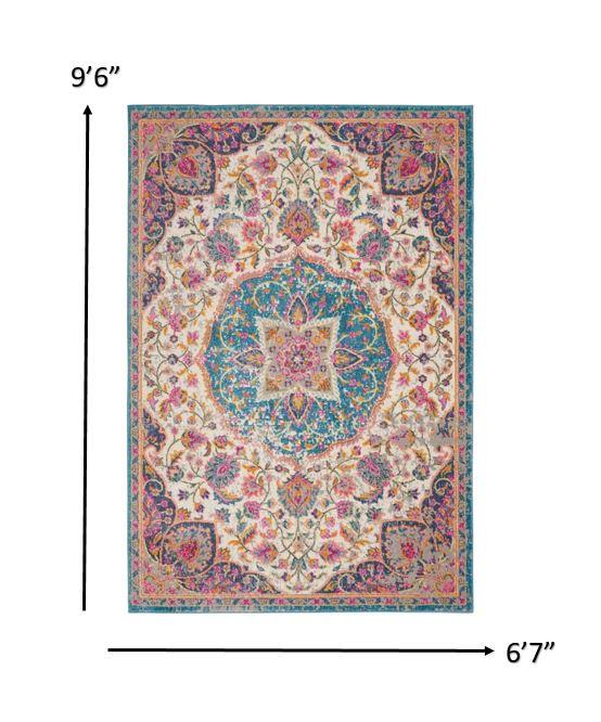 7’ x 10’ Pink and Blue Floral Medallion Area Rug