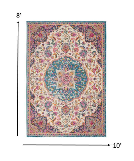8’ x 10’ Pink and Blue Floral Medallion Area Rug
