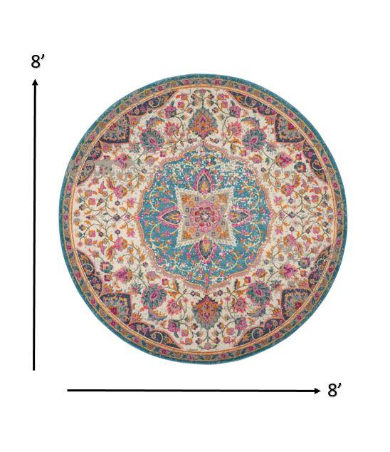 8’ Round Pink and Blue Floral Medallion Area Rug