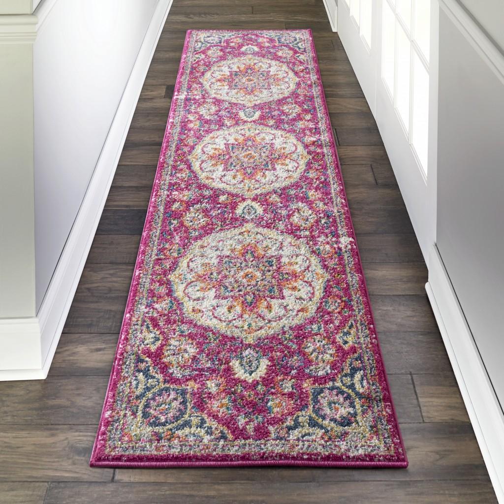 2’ x 8’ Pink and Ivory Medallion Runner Rug