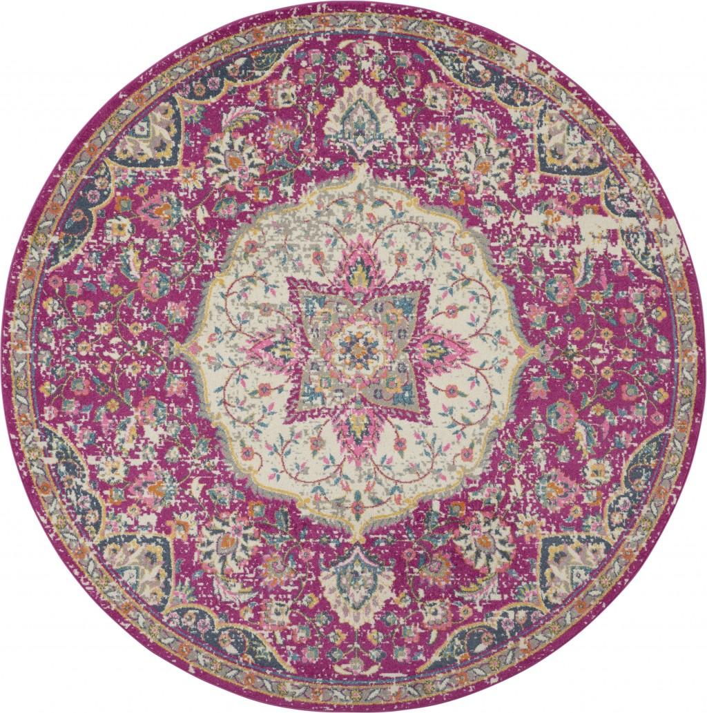 8’ Round Pink and Ivory Medallion Area Rug Default Title
