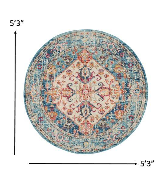 5’ Round Ivory and Light Blue Distressed Area Rug