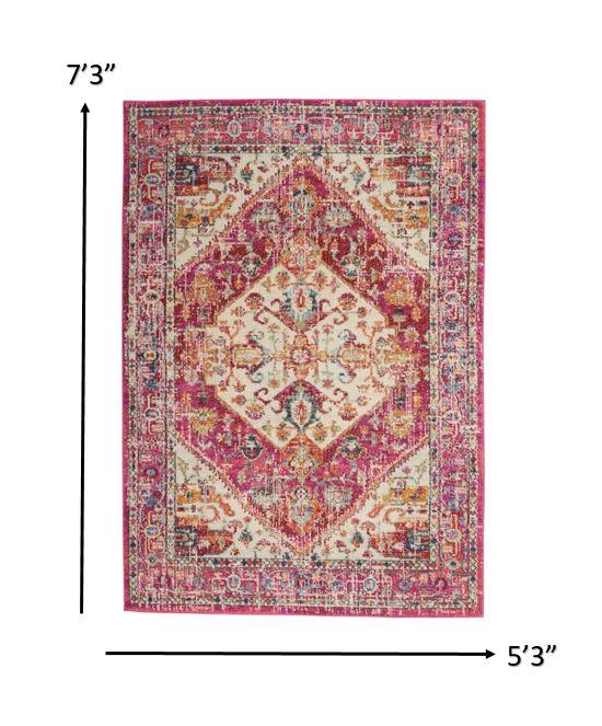 5’ x 7’ Ivory and Pink Oriental Area Rug