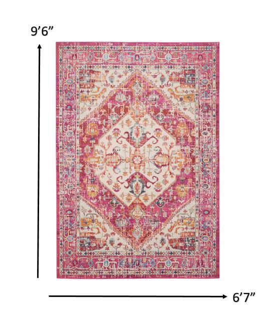 7’ x 10’ Ivory and Pink Oriental Area Rug