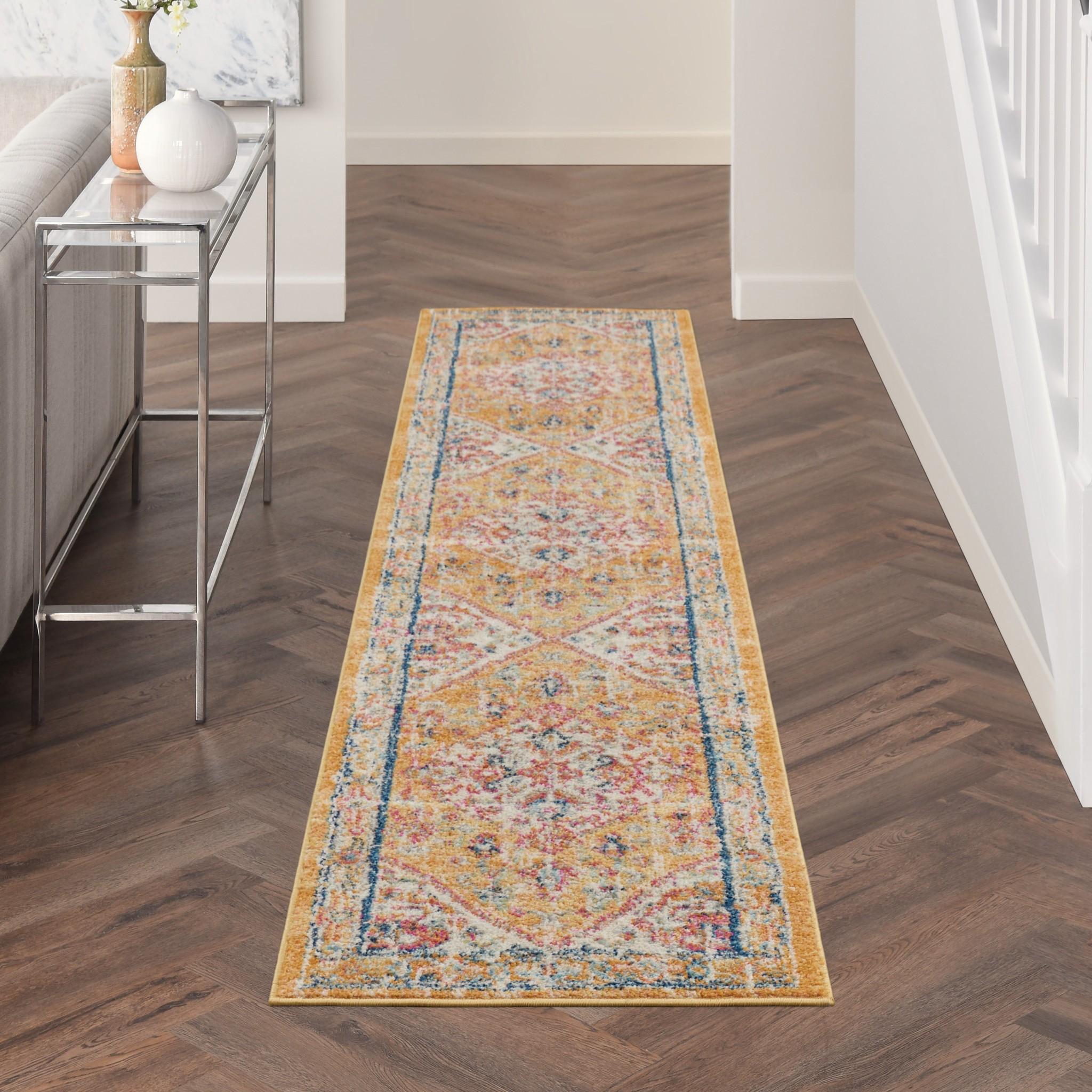 2’ x 10’ Ivory and Yellow Center Medallion Runner Rug