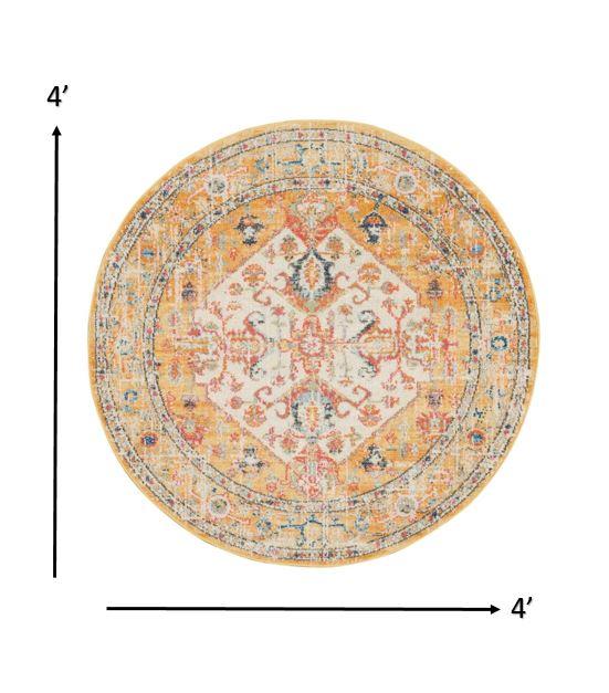 4’ Round Ivory and Yellow Center Medallion Area Rug