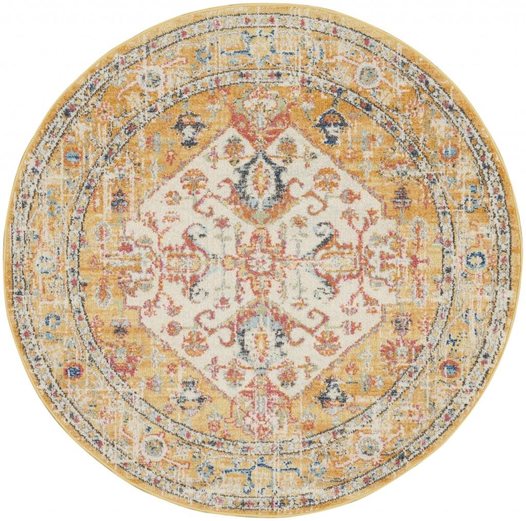 5’ Round Ivory and Yellow Center Medallion Area Rug Default Title