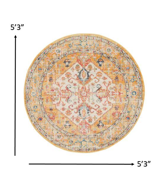 5’ Round Ivory and Yellow Center Medallion Area Rug