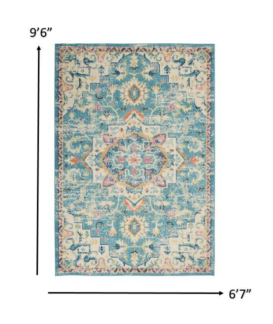 7’ x 10’ Light Blue and Ivory Distressed Area Rug