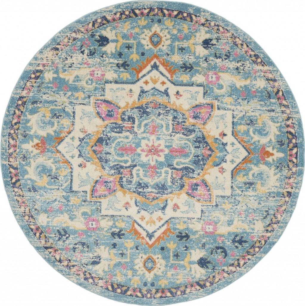 8’ Round Light Blue and Ivory Distressed Area Rug Default Title