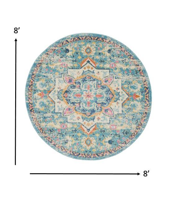 8’ Round Light Blue and Ivory Distressed Area Rug