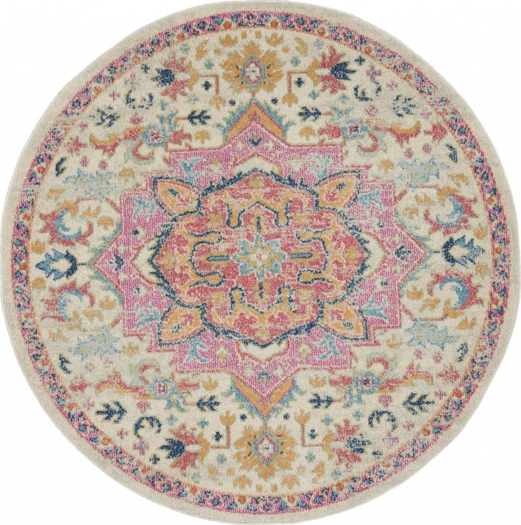 5’ Round Ivory and Pink Medallion Area Rug Default Title