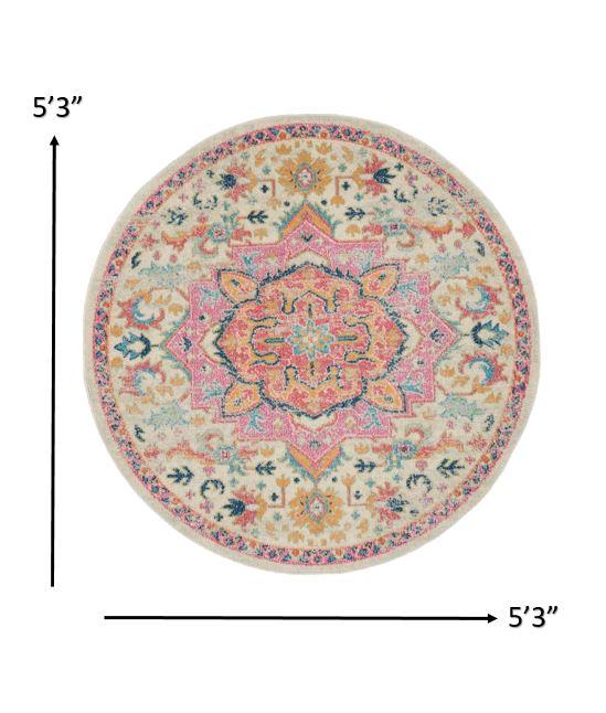 5’ Round Ivory and Pink Medallion Area Rug