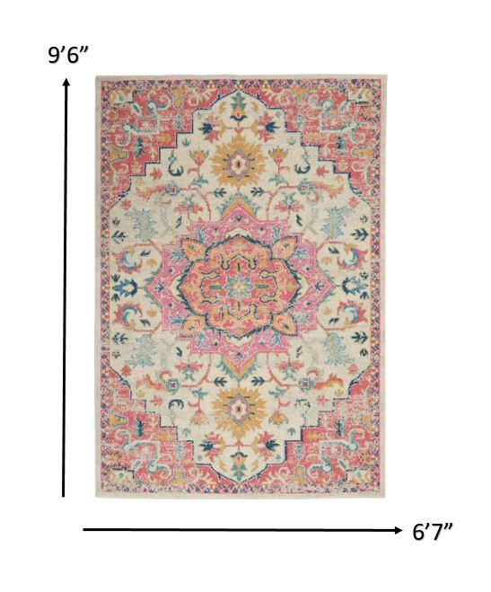 7’ x 10’ Ivory and Pink Medallion Area Rug