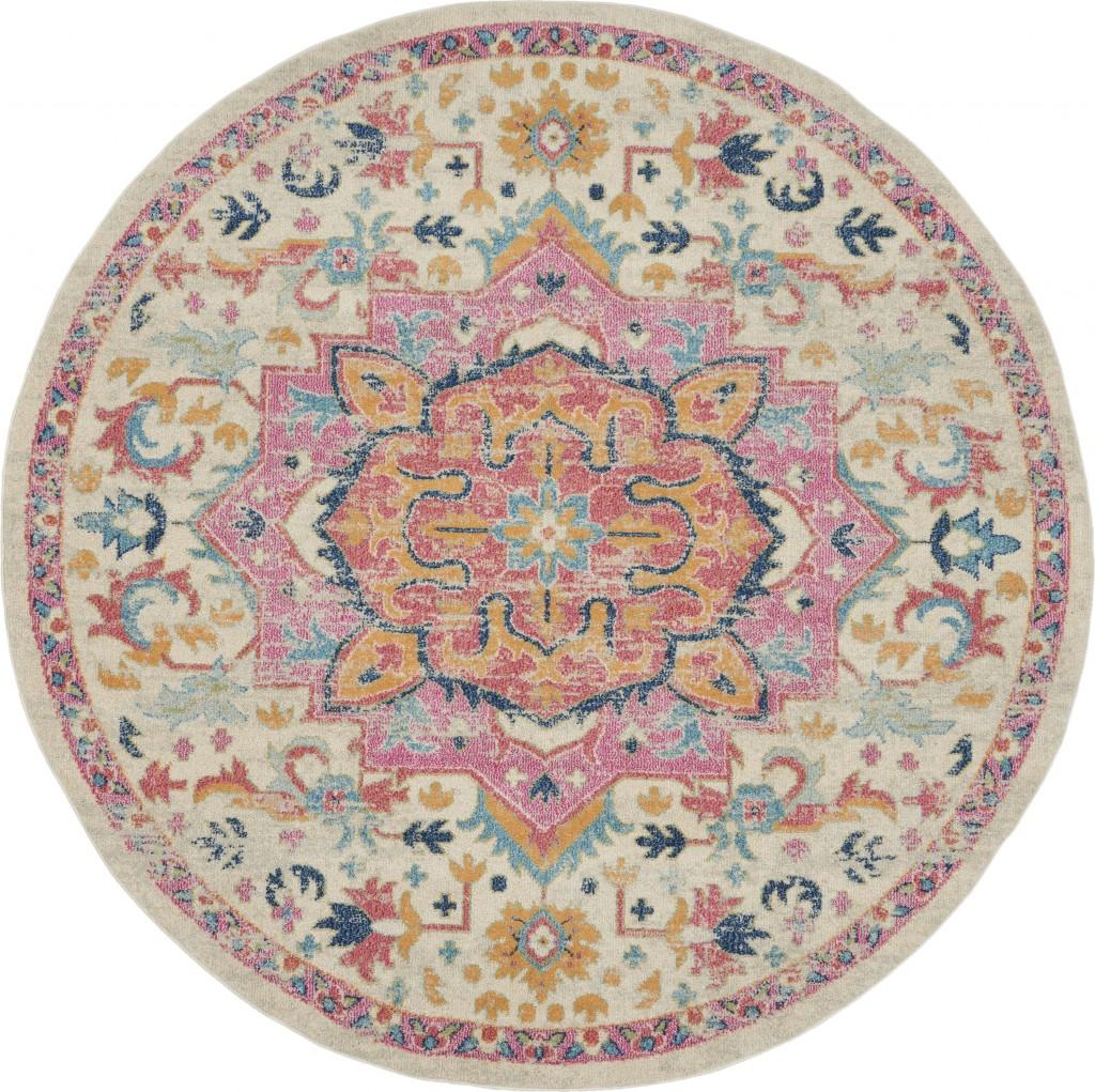 8’ Round Ivory and Pink Medallion Area Rug Default Title