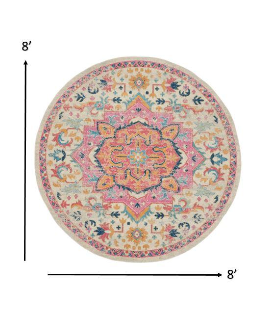 8’ Round Ivory and Pink Medallion Area Rug