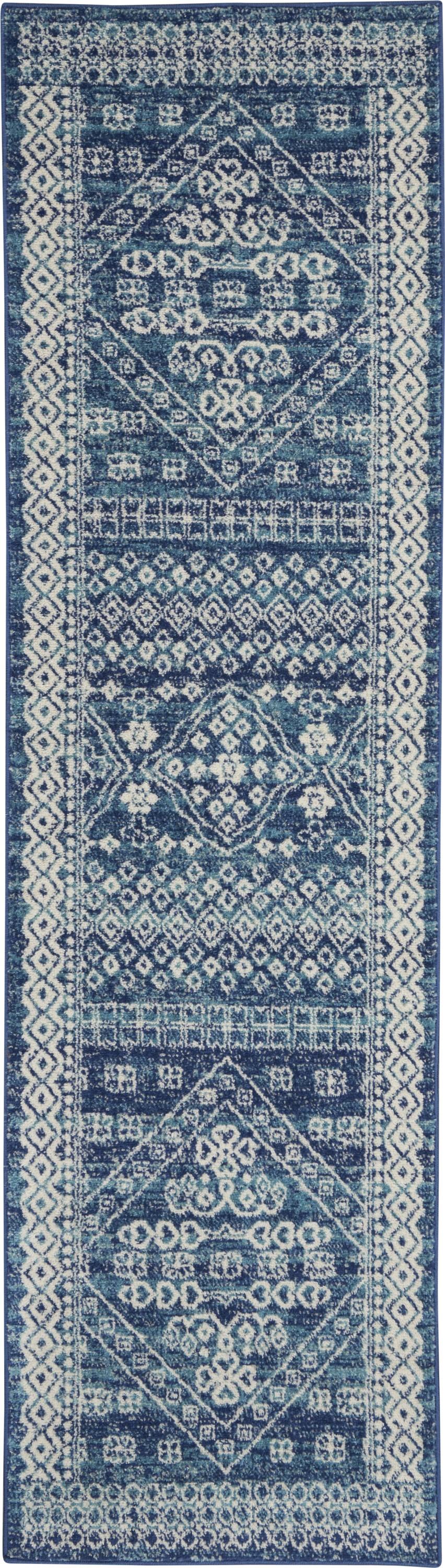 2’ x 8’ Navy Blue and Ivory Persian Motifs Runner Rug