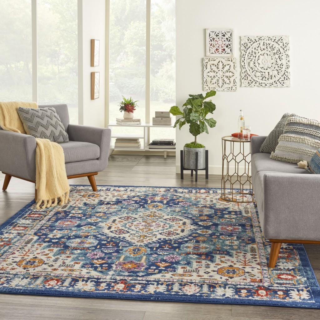 8’ x 10’ Blue and Ivory Medallion Area Rug