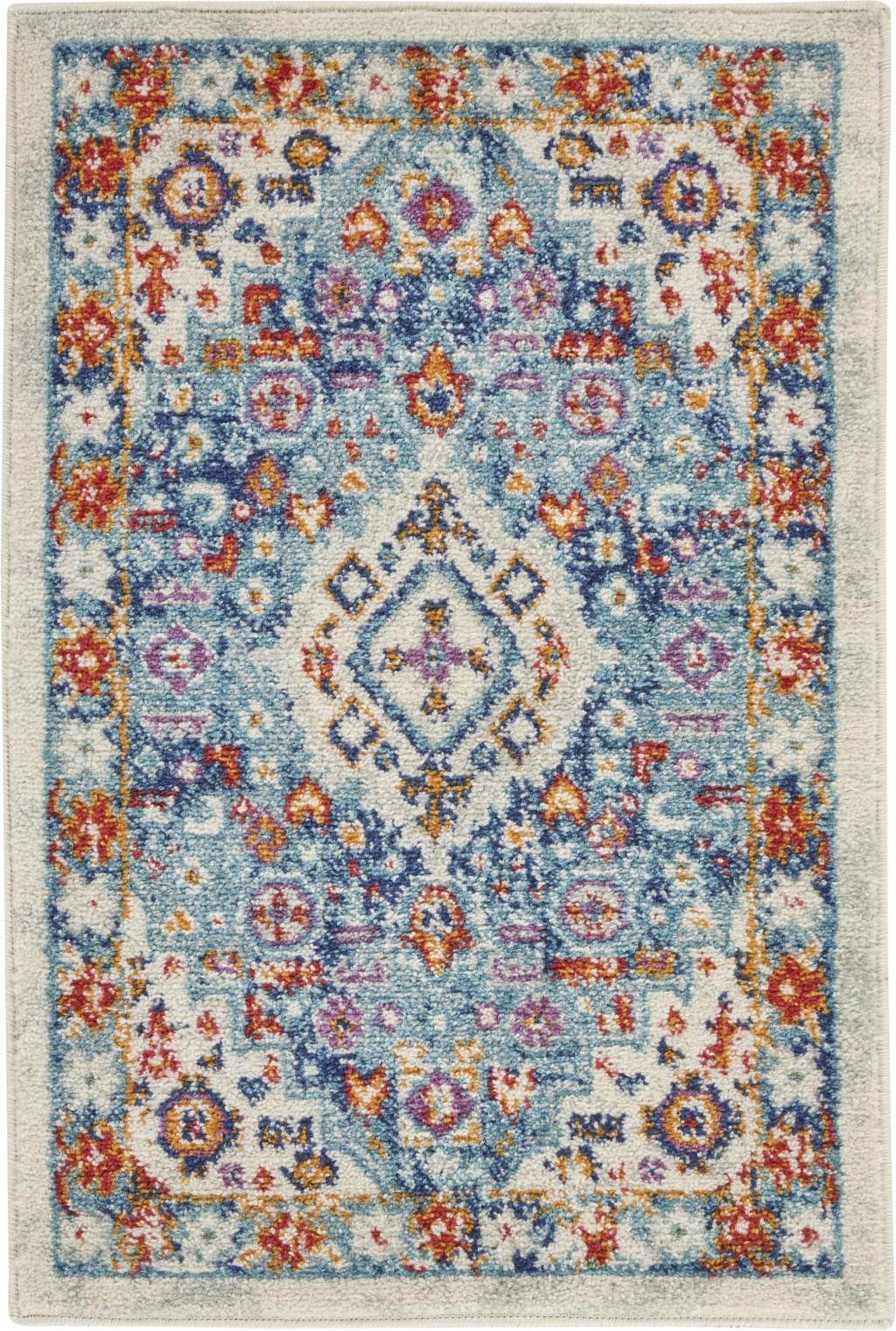 2’ x 3’ Ivory and Blue Floral Motifs Scatter Rug Default Title