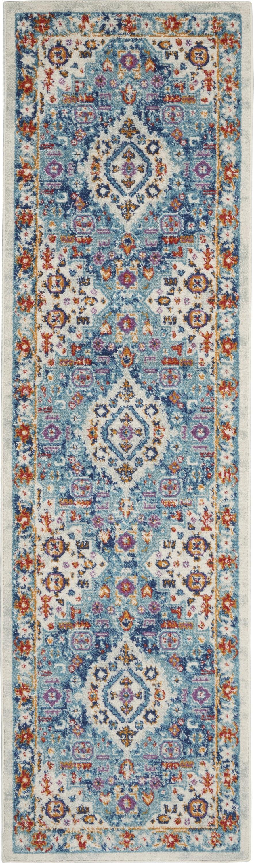 2’ x 8’ Ivory and Blue Floral Motifs Runner Rug