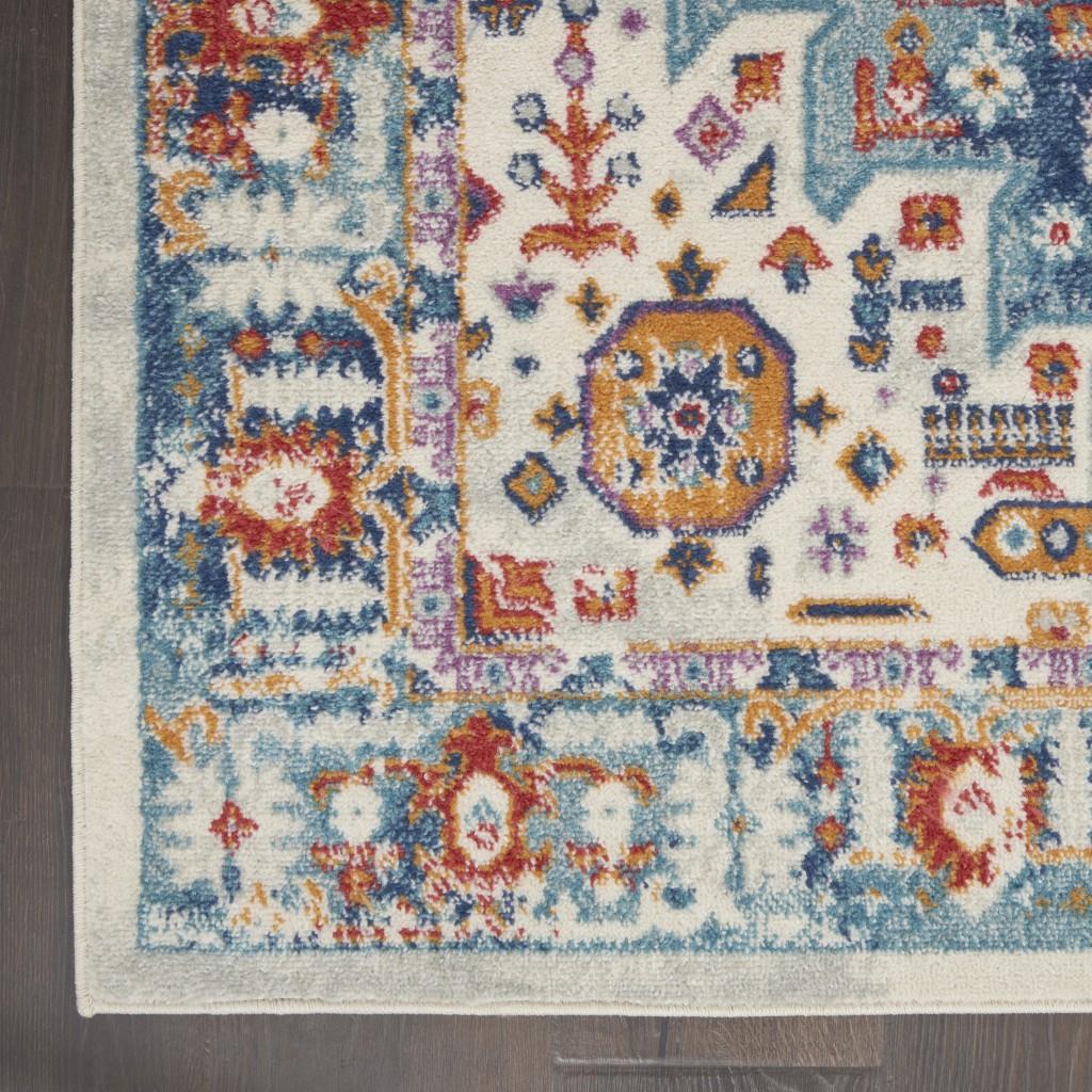 2’ x 8’ Ivory and Blue Floral Motifs Runner Rug