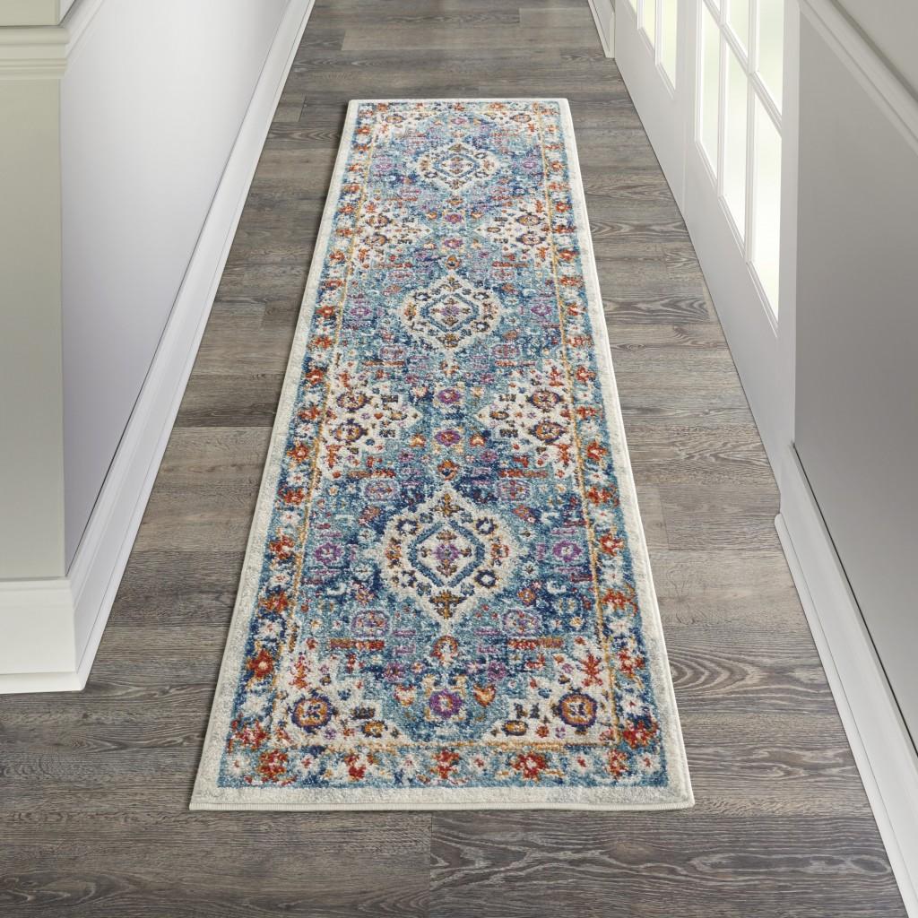 2’ x 8’ Ivory and Blue Floral Motifs Runner Rug