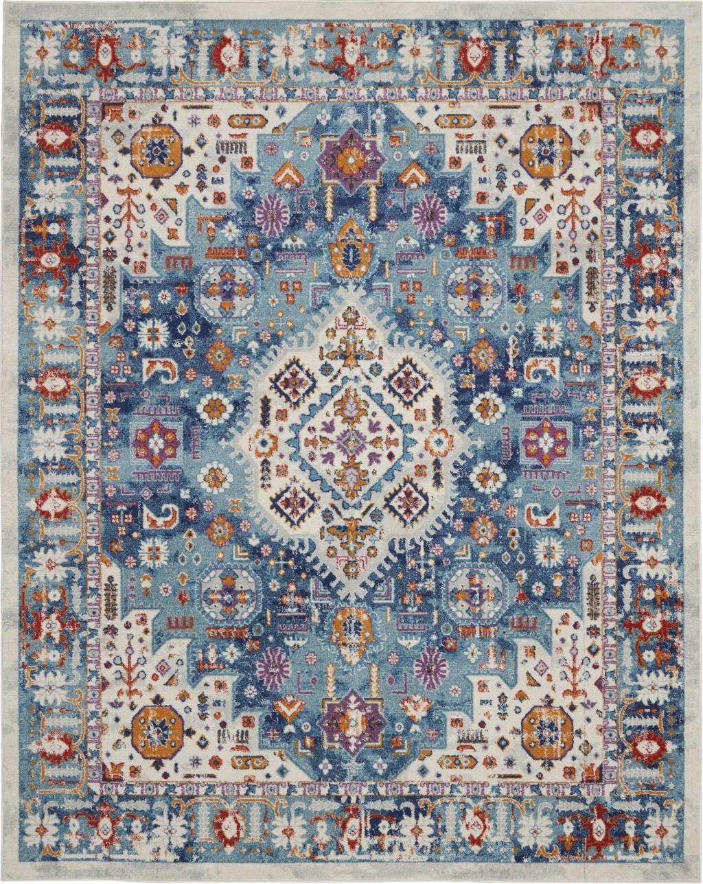 8’ x 10’ Ivory and Blue Floral Motifs Area Rug Default Title