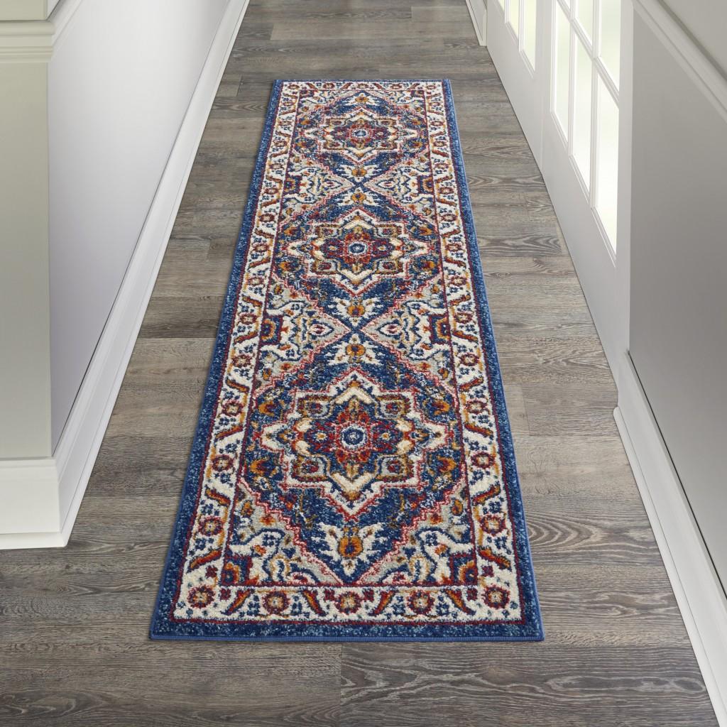 2’ x 8’ Blue and Ruby Medallion Runner Rug