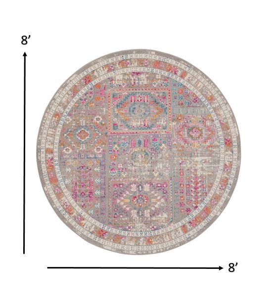 8’ Round Gray Distressed Ornamental Area Rug