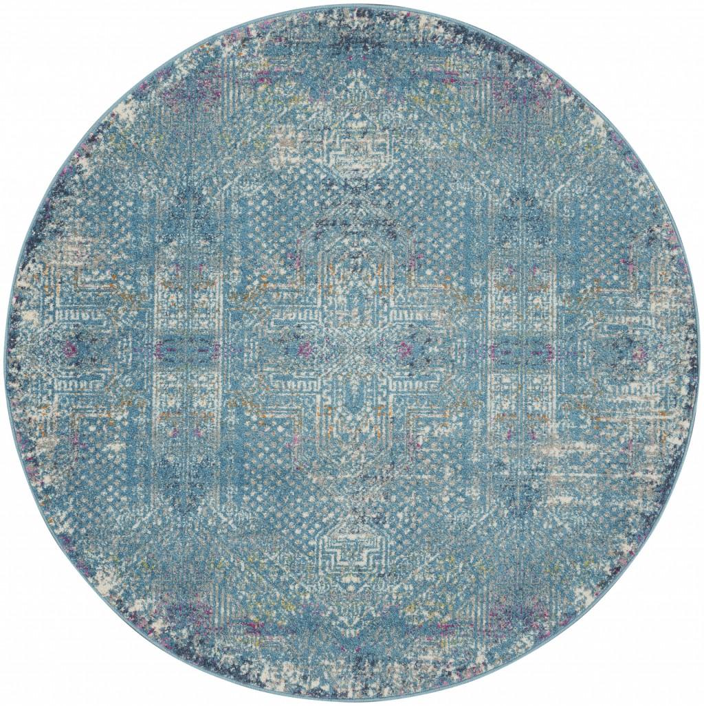 5’ Round Blue Distressed Medallion Area Rug Default Title