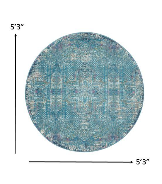 5’ Round Blue Distressed Medallion Area Rug