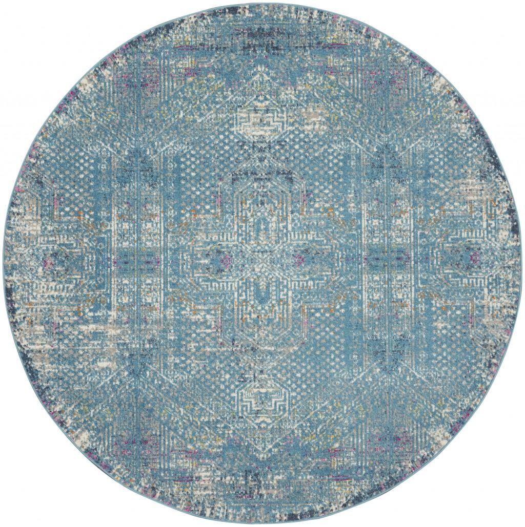8’ Round Blue Distressed Medallion Area Rug