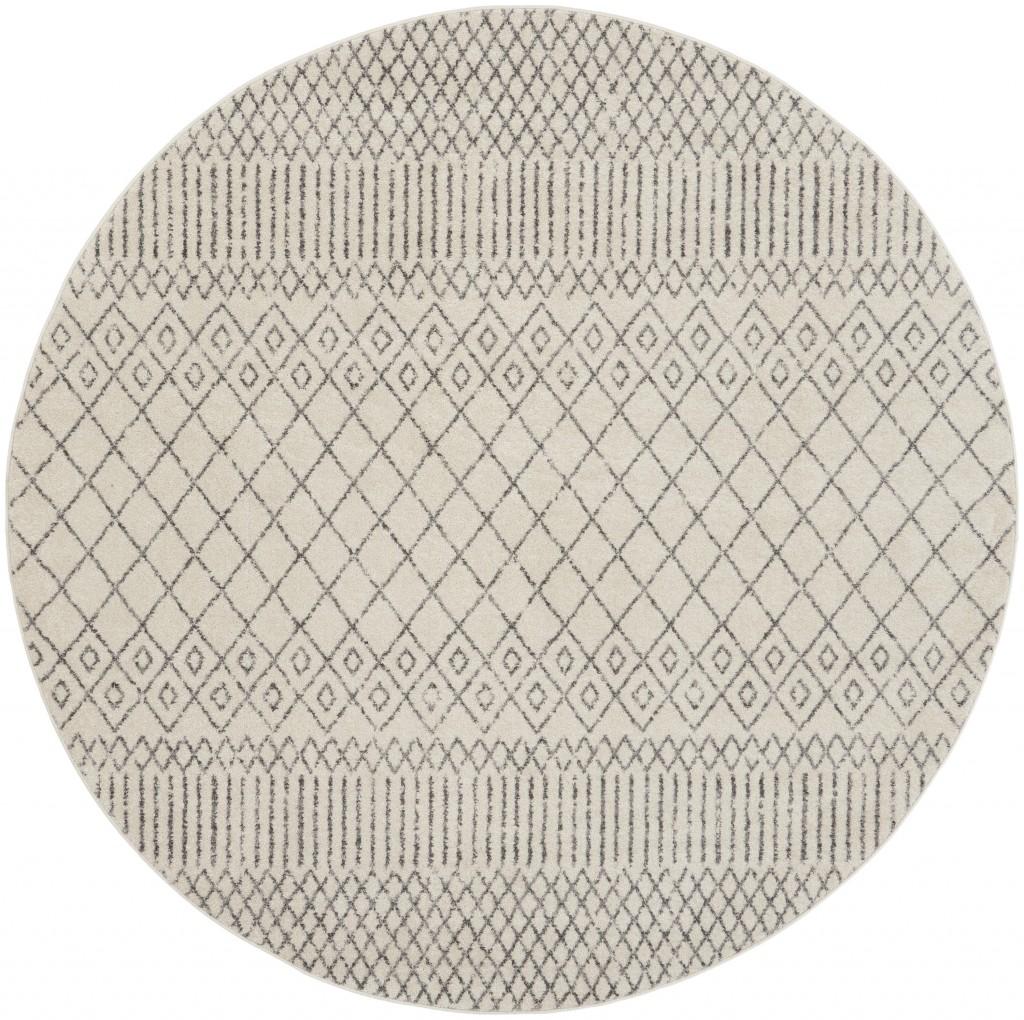 8’ Round Ivory and Gray Geometric Area Rug