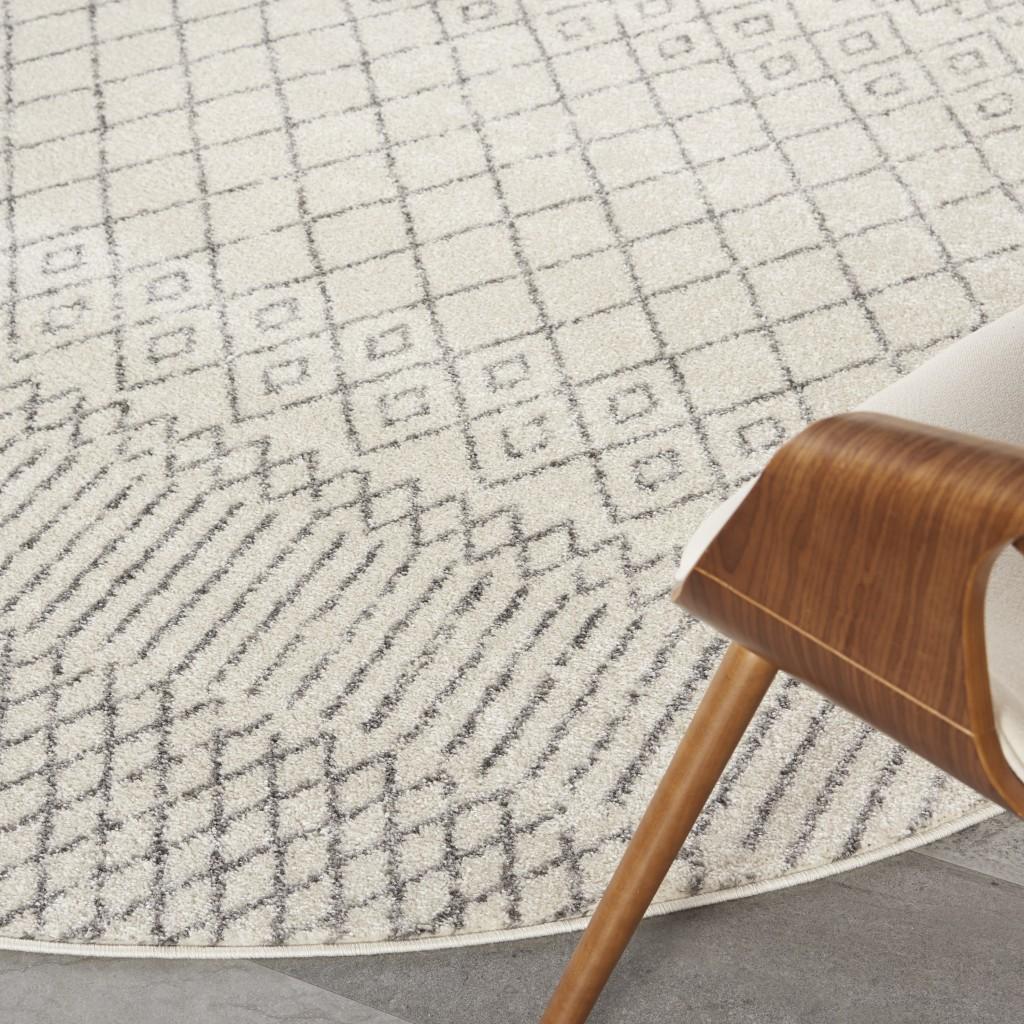 8’ Round Ivory and Gray Geometric Area Rug