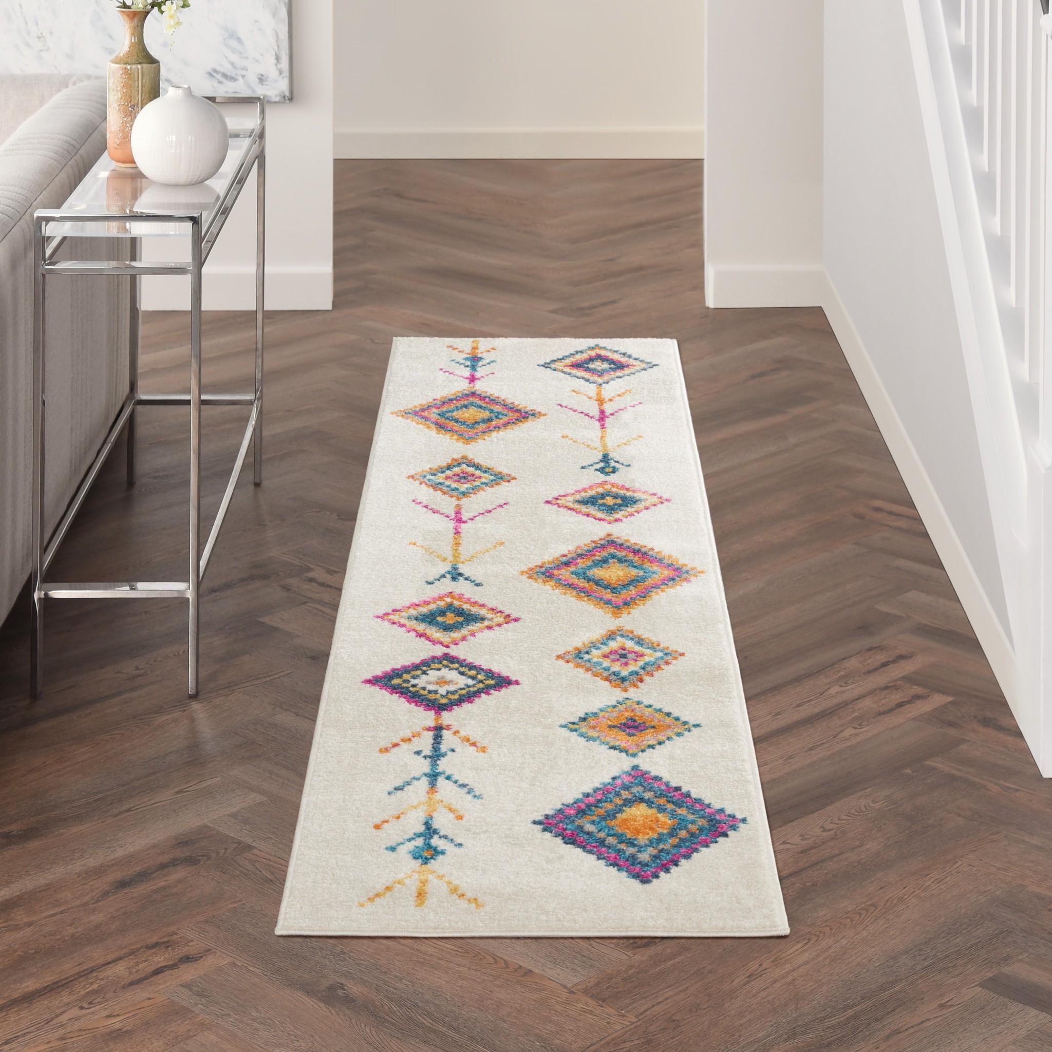 2’ x 8’ Ivory Boho Jewels Geometric Runner Rug