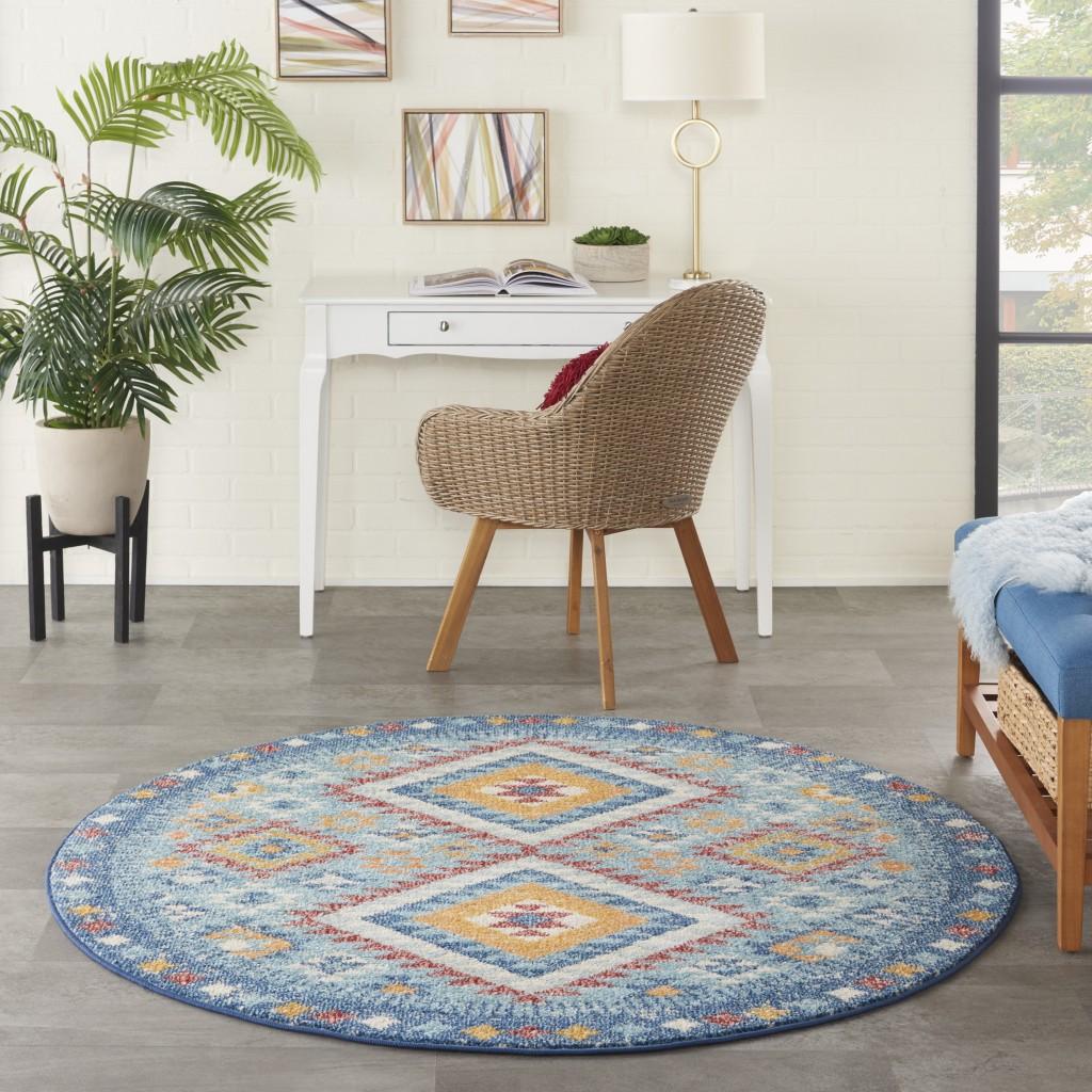 5’ Round Blue and Multi Diamonds Area Rug