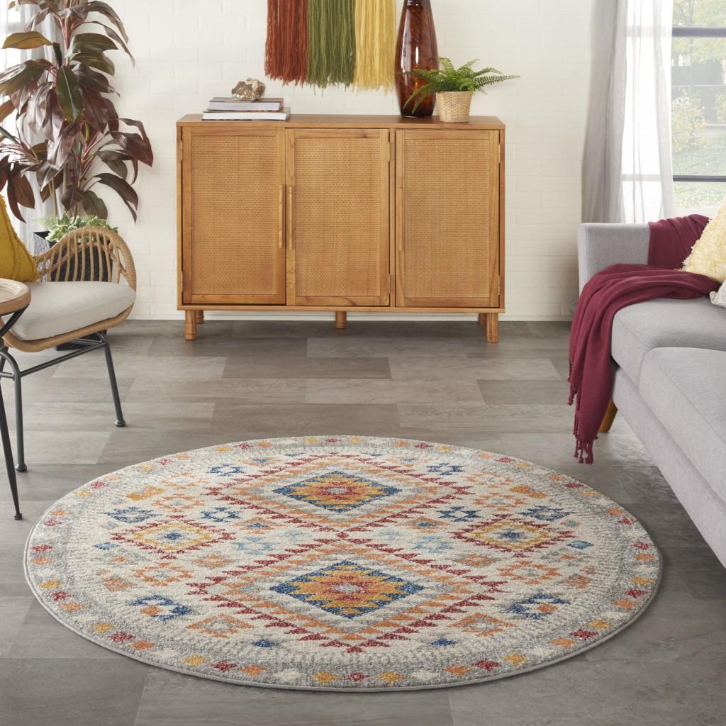 5’ Round Ivory and Red Diamonds Area Rug