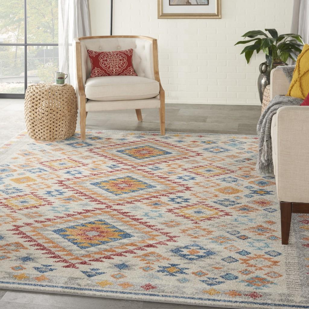 8’ x 10’ Ivory and Red Diamonds Area Rug