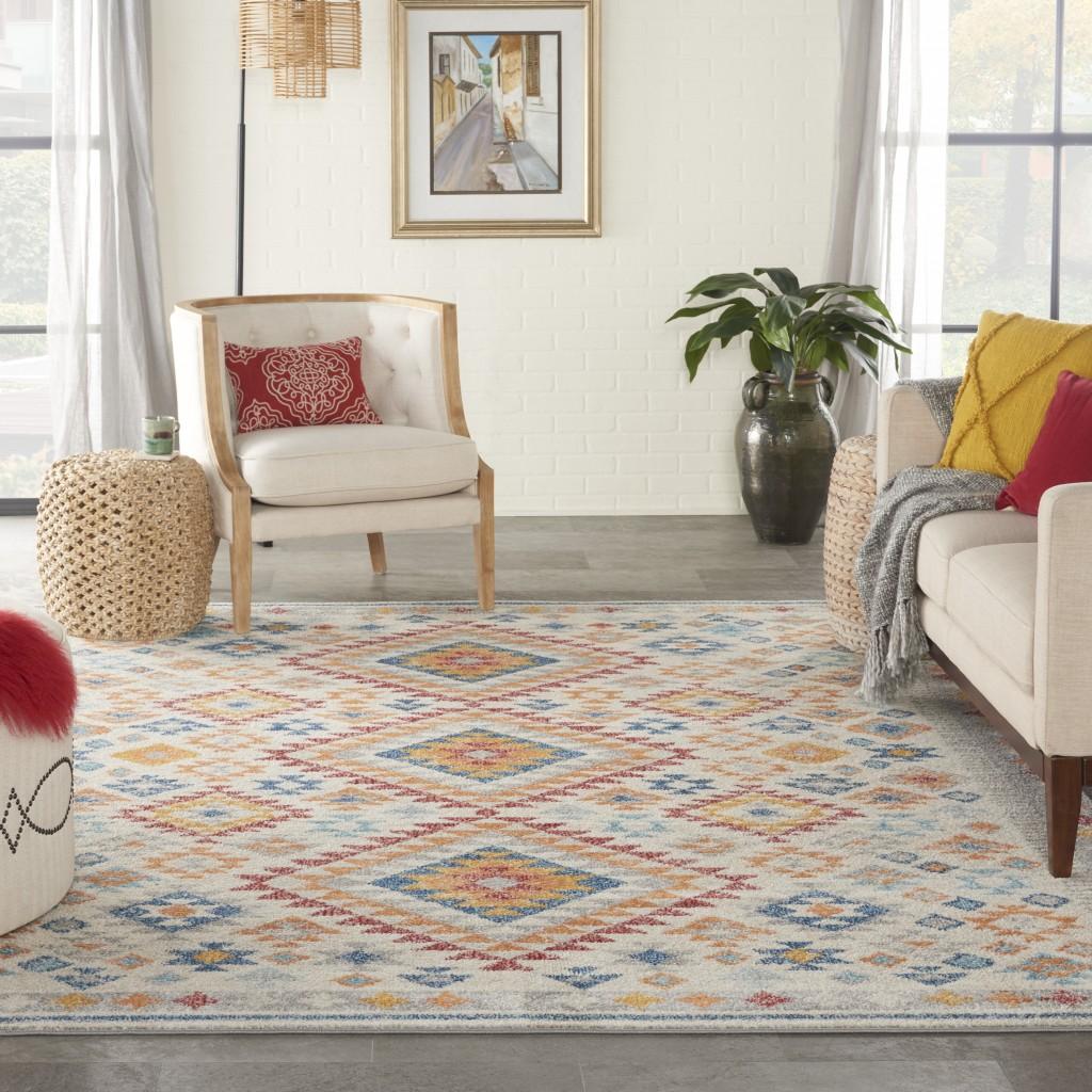 8’ x 10’ Ivory and Red Diamonds Area Rug