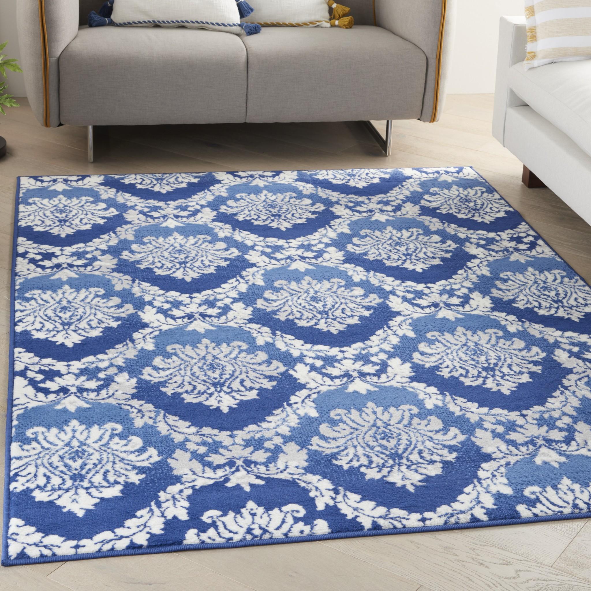 5’ x 7’ Blue and Ivory Damask Area Rug