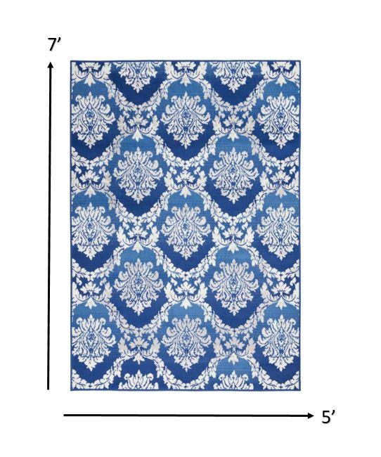 5’ x 7’ Blue and Ivory Damask Area Rug