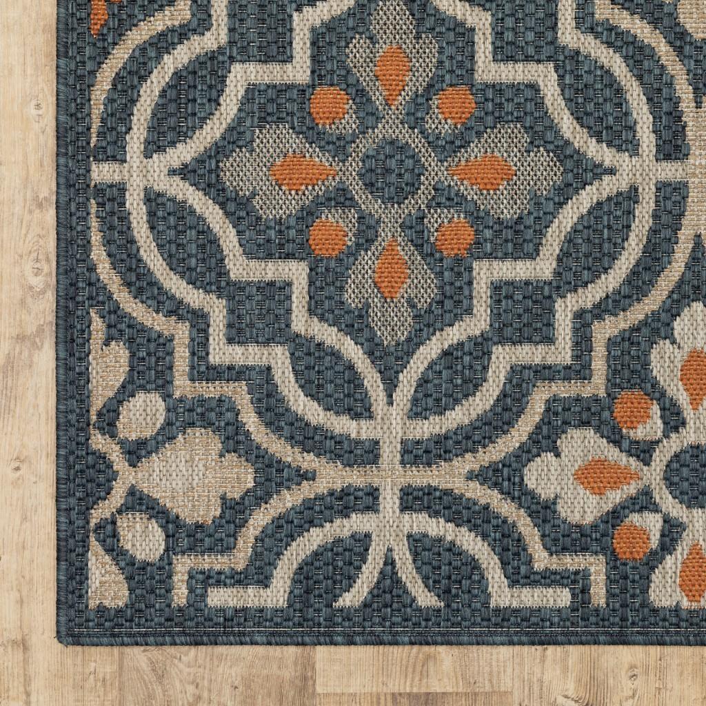 10'x13' Blue Orange Machine Woven Floral Lattice Indoor or Outdoor Area Rug