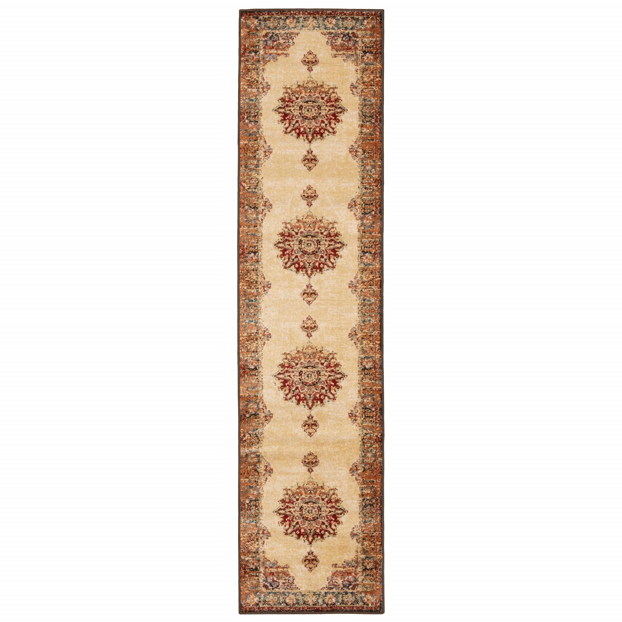 2’ x 8’ Gold and Orage Floral MedallionRunner Rug