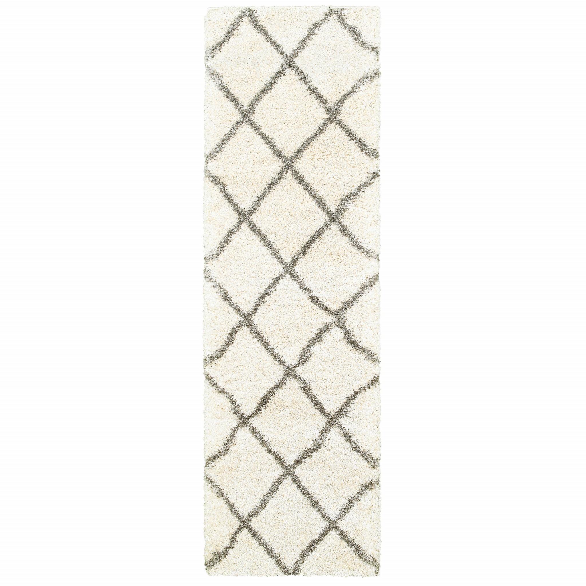 2’ x 8’ Ivory and Gray Geometric Lattice Runner Rug